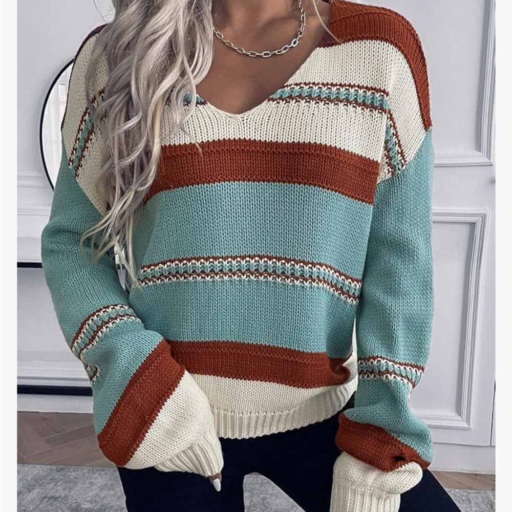 Striped V-Neck Sweater in Sage, Rust & Cream